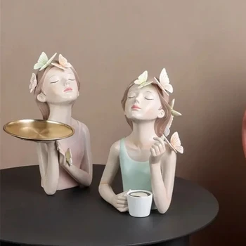 Borboleta de Fadas Figurinhas Menina Números de Caracteres de Modelo de Resina de Mesa Estátua de Artesanato com Metal Ouro de Bandeja a Decoração Home