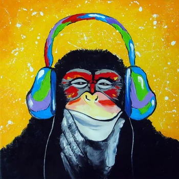 Abstrato moderno Animal Pintura a Óleo sobre Tela Amante da Música Macaco Impressionista de Arte para Crianças a Parede da Sala de Casa, Decoração Artesanal