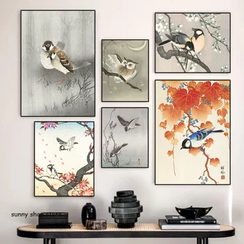 Japão Estilo Vintage Pássaro na Árvore Cartaz Pica-pau a Coruja-Branca-Tela de Pintura Nórdica Arte de Parede de Quarto de Casa Estética Decoração