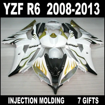 Ajuste para 2008-2016 YAMAHA R6 carenagens 08 09 10 11 12 13 ouro preto chamas em branco YZF R6 de moto carenagem conjunto