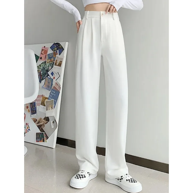 Novo Coreano Cintura Alta Office Wide Leg Pants Moda Formal Spodnie Clássico Calças Mulheres Casual Folgado Reto Terno Pantalones