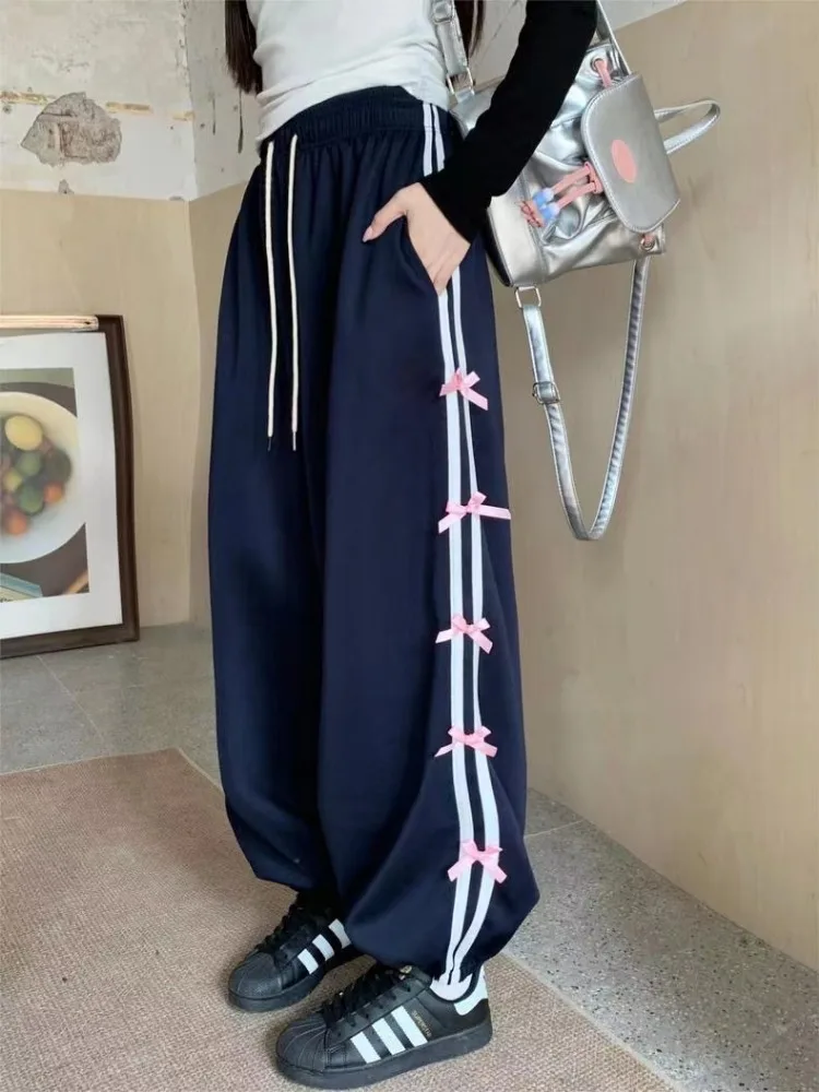 Mulheres Y2K Lado da Faixa de Arco Calças Cargo coreano Moda Doce de Cintura Alta Corredores Cavallari da Primavera Novo Casual Calças Largas Feminino
