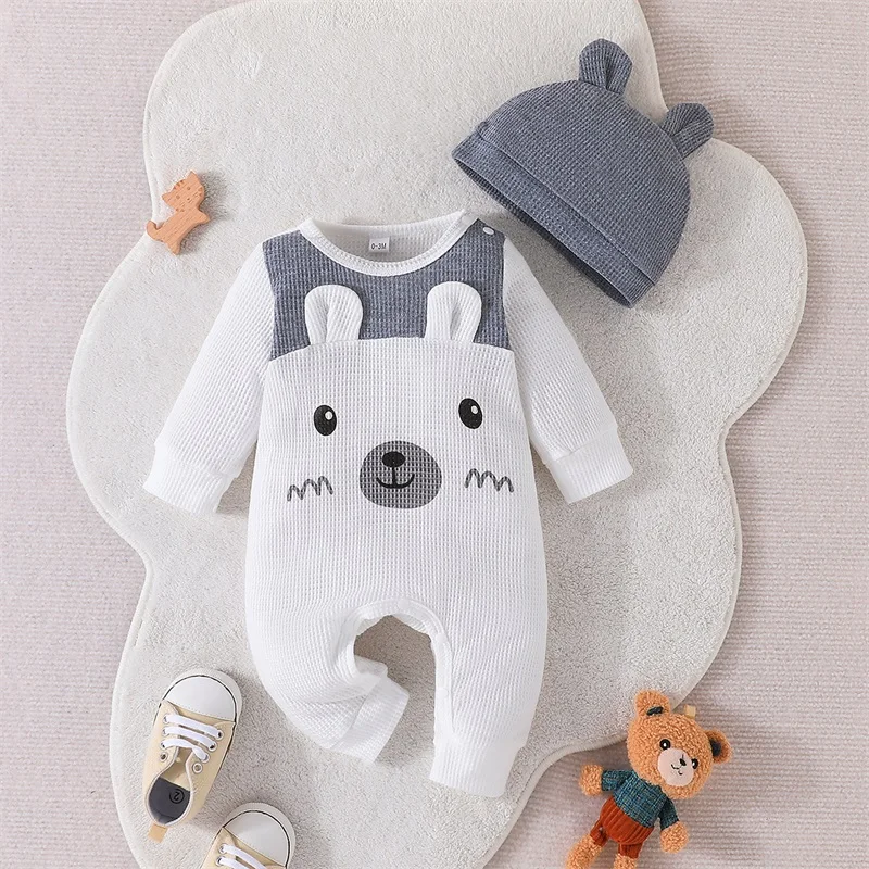 Bebê recém-nascido Menino Menina Romper do Urso Padrão de Manga comprida Macacão com Chapéu de Inverno de roupas