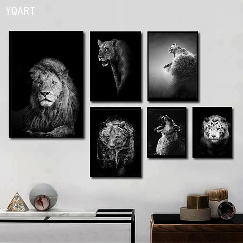 Nordic Preto e Branco Animais Cartazes Leão, Tigre, Elefante, Urso Veado Tela Pintura de Imagens para a Casa Moderna Decoração de Sala de estar