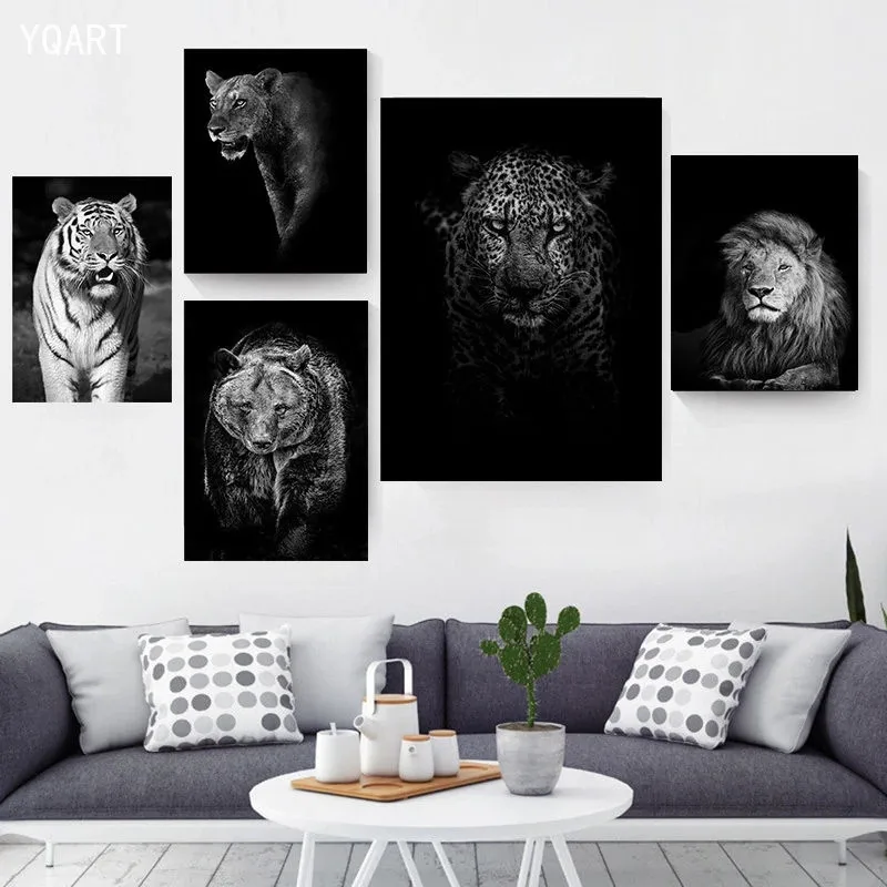 Nordic Preto e Branco Animais Cartazes Leão, Tigre, Elefante, Urso Veado Tela Pintura de Imagens para a Casa Moderna Decoração de Sala de estar