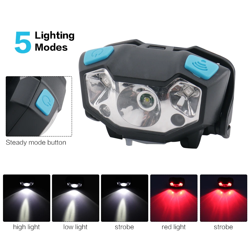 BORUiT Motion Sensor LED Mini Farol Recarregável USB Luz Vermelha do Farol Impermeável Lanterna de Cabeça Camping Pesca Lanterna