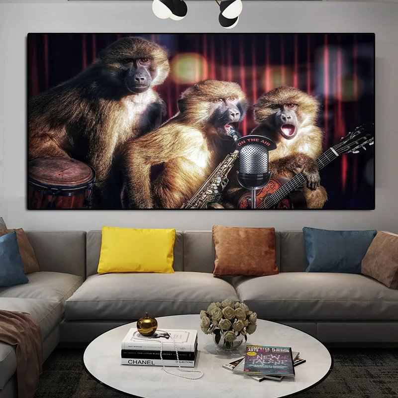 Resumo Gorila de Música de Lona da Pintura de Arte Moderna de Macaco Animal Pôsteres e Impressões de Arte de Parede Fotos de Sala de estar Decoração de Casa