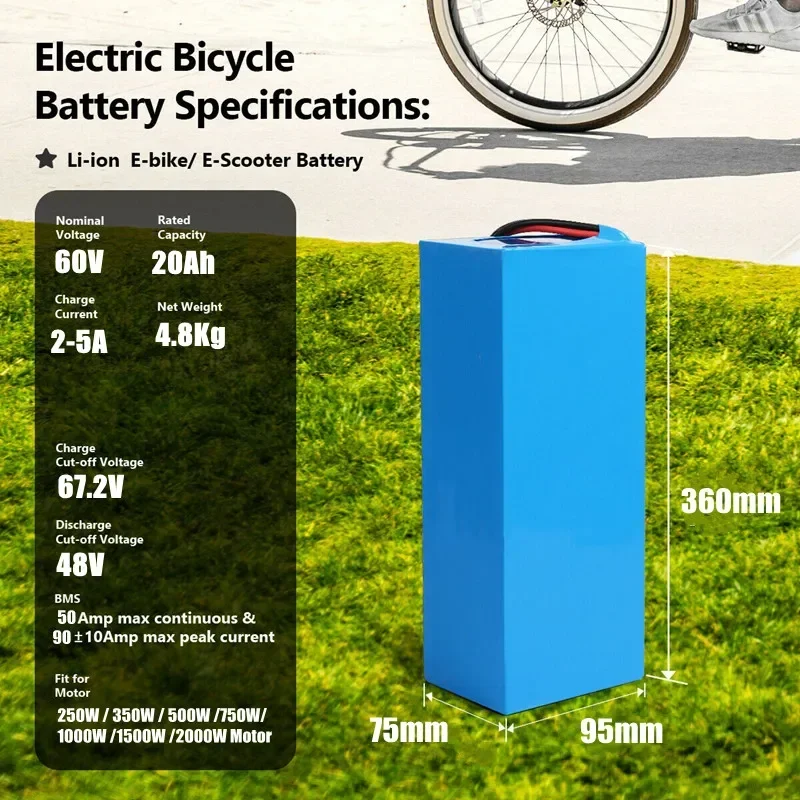 67.2 V de Iões de Lítio 20000mAh E-bicicleta bicicleta Elétrica Scooter com 30A BMS 750W 1000Watt 60V 16S4P 20Ah 18650 Li-ion Battery Pack