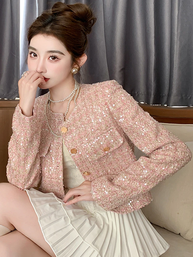 Alta Qualidade De Outono Casaco De Tweed Mulheres Vestido De Manga Longa O-Pescoço Curto Coats Crop Top Coreano Moda Outerwear Streetwear
