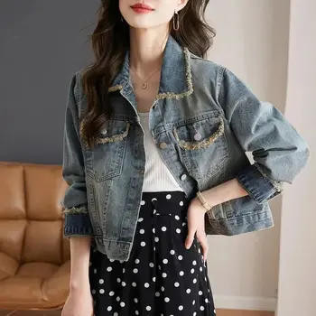 Mulheres Retro Jeans Curto, de Jaqueta de 2023 Primavera, Outono Tops Plus Size, Jaquetas de Promoções Jeans, Casaco coreano Popular Roupas de Mulher