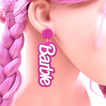 Moda Barbie Brinco-de-Rosa Letra brincos de Acrílico Exagerar Dois tons de Decoração de Mulheres Jóias Roupas de Meninas Acessórios