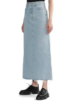 Mulheres de Saia Jeans 2023 Verão de Novo Fenda de Cintura Alta com Zíper de Moda Casual Midi Jupe com Bolso
