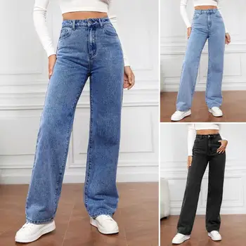 Slim calça Jeans Reta de Cintura Alta Largura de Perna calças de Brim das Mulheres com Retro Reta Bolsos do Jeans Macio Ajuste Fino de Comprimento Total para Senhoras