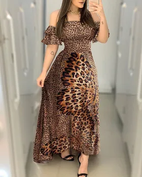 Mulheres Leapord Off-Ombro Verão vestido Longo Fêmea de Leopardo e de impressão borboleta vestido de Moda 2020 Novo
