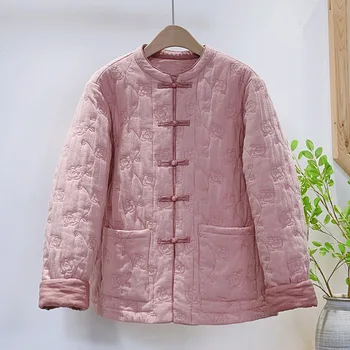 Mulheres tops, casacos, estilo Chinês, o outono e o inverno, personalizado bordado de rosas, retro artesanal fivela de roupas de algodão