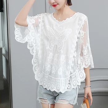 Casual solto de Três Quarto de Laço-Shirt de Verão Blusa Branca de Moda Womens Tops e Blusas Elegante Protetor solar Fora Roupas 4014