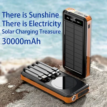 Portátil 30000mAh Banco Energia Solar Com Carregamento sem Fio Duplo de Portas USB Incorporadas Cabos,Com DIODO emissor de Luz,De Telefone Celular,Laptop