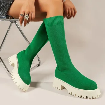 Tecido elástico na altura do Joelho Alto Botas de 2023 Venda Quente Cunhas de Sapatos para as Mulheres Primavera/Outono de Deslizamento do Dedo do pé Redondo Botas femininas