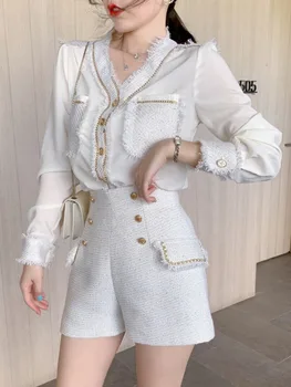 O Coreano Moda Streetwear Tweed 2 Peças De Conjunto De Mulheres A Camisa De Manga Longa Blusa Tops + Shorts Conjuntos De Duas Peças Vintage Calça Ternos