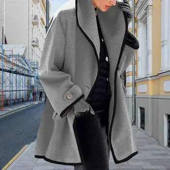 Jaqueta Casual Elegante das Mulheres de Cor-de contraste Lapela do Casaco Quente de metade do comprimento de Casaco com Bolsos para o Outono Inverno de Streetwear Mão