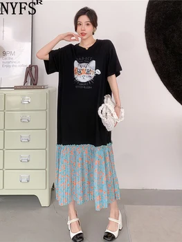 NYFS 2023 Verão Novo Coreia Mulher Vestido de Vestidos Manto Ete Femme Elbise Solta Retalhos de Manga Curta de Impressão Vestidos Longos