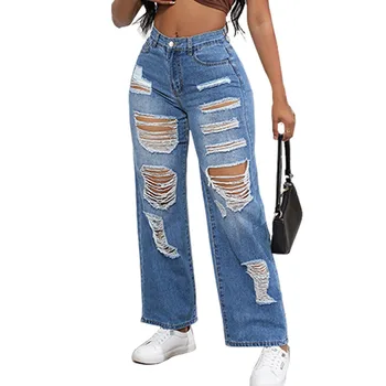 Jeans feminino de verão de cor sólida moda de nova soltas, buracos casual, de jeans, calças
