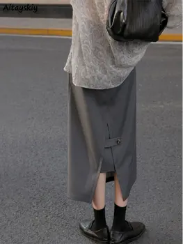 Midi, Saias das Mulheres de Volta Fenda Casual Streetwear Design Outono Roupas Estética Juventude Elegante Fêmeas Sólido de Todos-jogo de Cintura Alta