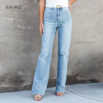 O Verão Europeu E Americano De Mulheres Jeans Moda Simples Slim Fit Straight Luz Azul, Calças De Algodão Puro High Street 2023