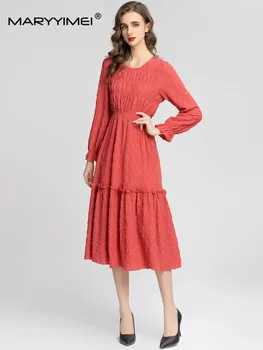 MARYYIMEI Designer de Moda de vestido de Outono Vestido das Mulheres O-Pescoço Flare Manga cintura Elástica de cor Sólida Férias Vestidos