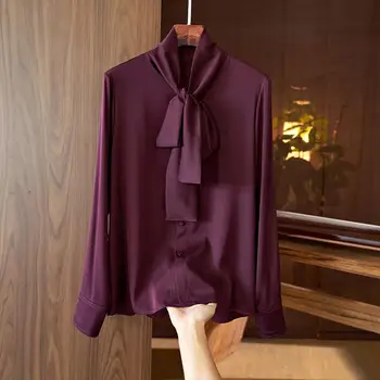 Este ano a moda de alta costura francesa vestido das mulheres Akihara comércio exterior Tencel arco fita de manga longa, camisa roxa blusa
