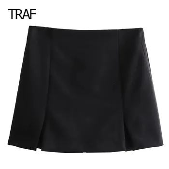 TRAF Balck Mini-Saia-Calça para Mulheres de Calças de Outono Meados de Saia de Cintura da Calça Com Zíper Lateral Fenda Chique E Elegante Mulher de Saia Calça