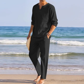 Men\s'Clássico Roupa de cama de Algodão Praia Definido para um Perfeito Look de Verão Henley Camisa + Casual Calças (Branco/Preto/Azul)