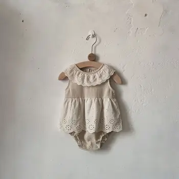 Recém-Nascidos Roupas De Bebê Meninas Bodysuit 2023 Verão Criança Meninas Laço Gola Do Macacão Sem Mangas Vestido De Uma Peça Infantil De Roupas