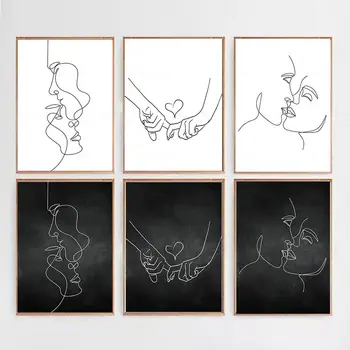Resumo da Linha Beijo Par de Cartazes de mão Em Mão Imprime o Minimalismo Nórdicos Arte de Parede Tela de Pintura para Sala de Decoração de Casa