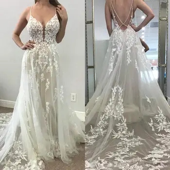 2020 Novos Vestidos De Noiva Com Alças Finas, Apliques De Renda Vestidos De Casamento De Imagens Reais De Uma Linha De Vestido De Noiva