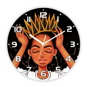 Menina negra Africana-Americana Princesa Relógio de Parede para o Quarto da Menina Criança do Berçário Afro Art Sala Cozinha, Relógio de Parede Decoração Presente