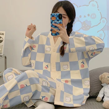 Japonês Nova Primavera Quimono Outono Inverno das Mulheres Conjuntos de Pijamas de Algodão de Mangas compridas Homesuits Casual decote em V coreano Lapela Sleepwear