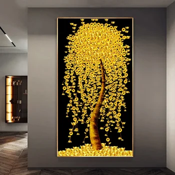 Moderno Nórdico de Arte de Ouro Vaca de Dinheiro de Luxo Cartazes Marrom Árvore com Folhas de Ouro Tela de Pintura, Sala de estar Decoração de Parede Decoração