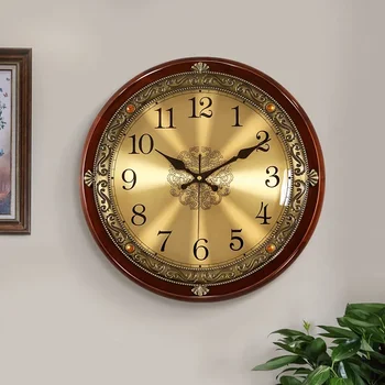 Luxo Madeira Relógio De Parede De Metal Retro Nórdicos Estilo Americano De Ouro Em Silêncio, Relógios De Parede De Quarto Shabby Chic Sala De Estar Presente Horloge