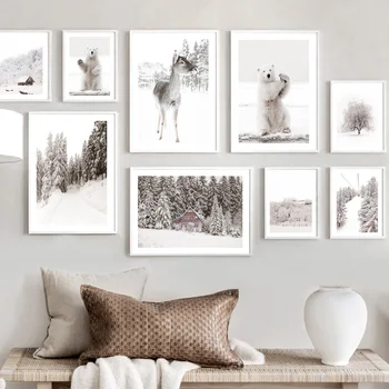 A Neve do inverno Cena Veado Urso Polar Pinho Casa de Esqui Nórdico Cartaz de Parede Impressões de Arte da Lona da Pintura Fotos Decoração para Sala de estar