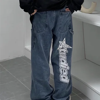 Retro streetwear retro hip-hop carta rinting Gótico calças jeans folgadas reta perna de calça larga de mão, calças de homens e mulheres, casal