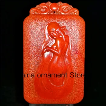 Chinês Vermelho Hetian Jade Mão Esculpida Colar Pingente Estátua Nua De Beleza