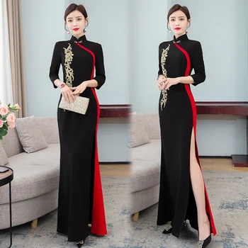 2023 mulheres de outono nova e melhorada versão da pista cheongsam longa mostrar elegante e fino bordado frisado vestido