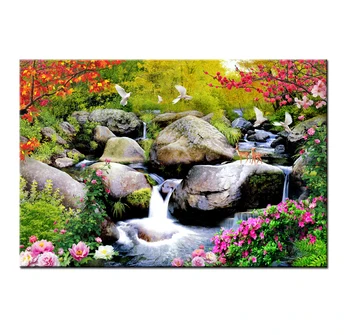 Paisagem de Floresta Natural Cachoeira Pintura de Cartazes de Lona Imprime Flores Imagens de Arte de Parede de Sala de estar Decoração de Casa HYS1052
