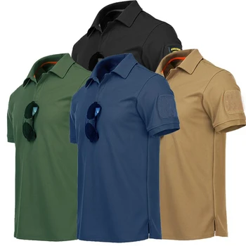 Cor sólida Tático Camisa Exterior secagem Rápida Lapela da Camisa de Manga Curta, Homens de Combate T-Shirt Militar Tops de Caminhada de Caça Tee