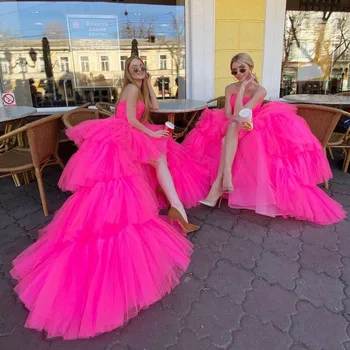 Mulheres Sexy Vestido De Baile Cor-De-Rosa Em Camadas Sem Mangas Strapless Querida Trem De Tule Ocasião Formal Elegante Convidado Para A Festa Personalizado