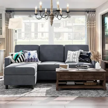 3-Assento do Sofá Secional com Chaise Reversível para Sala de estar, Apartamento e Pequeno Espaço (Cinza Escuro)