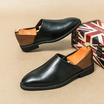 Homens negros Sapatos de Couro de Patente Sólido de Deslizamento do Dedo do pé Redondo Homens Formal de Sapatos do Tamanho do Negócio 38-46