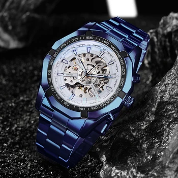 Forsining Moda Azul Automática Homens Mecânicos, Relógios De Pulso Militar Esporte Esqueleto Do Relógio De Aço Inoxidável, Pulseira De Reloj Hombre