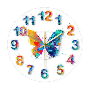 Colorido Números Relógio De Parede Moderno Aquarela Borboleta Pintura De Arte Penduradas Relógio Relógio De Parede Decoração Home
